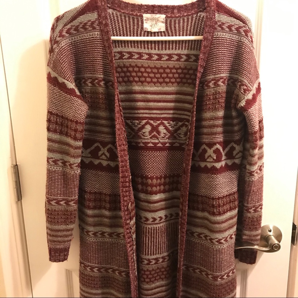 Long Maroon and Gray Cardigan
